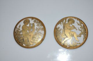 Antique 2 Porcelain Medallions Raphael Cherubs Angels Playing Harp And Flute
