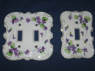 2 Vintage Purple Violets Pansy Porcelain Light Switch Plate Covers Dbl & Single