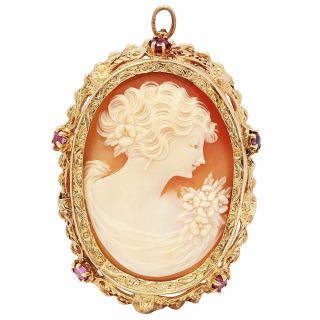 Very Fine Antique Museum Quality Carved Cameo & Ruby Brooch Pendant 14k Gold.