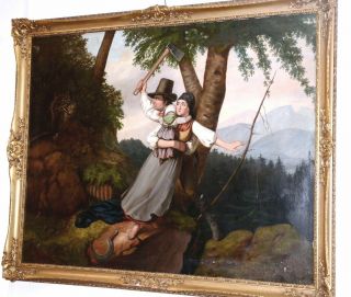 Antique Oil Painting On Canvas With Frame " The Bad Wolf " 1800 Circa