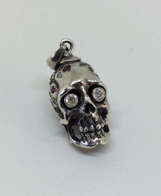 Antique Fine Solid Silver Diamond & Ruby Set Memento Mori Skull Pendant