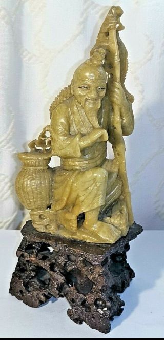 Chinese Very Intricate Hand Carved Soapstone Fisherman Figure On Dark Base