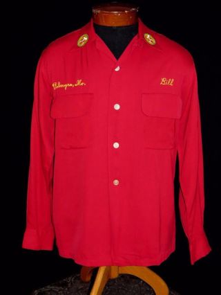 RARE VINTAGE 1940 ' S - 1950 ' S RED GABARDINE EMBROIDERED SHRINERS SHIRT SIZE SMALL 4