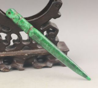 Chinese old natural green jade hand - carved flower hairpin 3