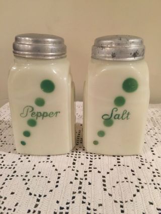 Vintage Mckee Roman Arch Green Dot Milk Glass Salt & Pepper Shakers
