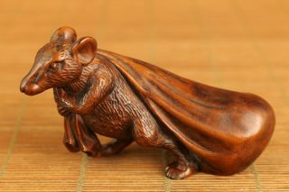 Rare Unique Chinese Old Boxwood Hand Carved Mouse Money Statue Netsuke Table Art