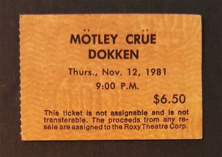 1981 Motley Crue Concert Ticket Stub Dokken Roxy Sunset Strip The Dirt Vintage