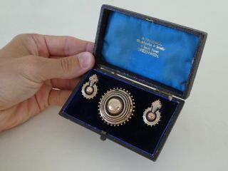 Antique Victorian 15ct Rose Gold Earrings Locket Brooch Jewellery Suite