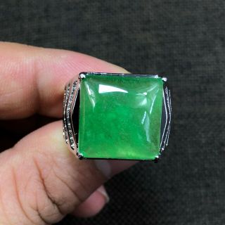 Chinese Collectible 925 Silver & Green Jadeite Jade Square Handwork No.  7 - 13 Ring