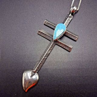 Vintage Navajo Tufa Cast Sterling Silver & 8 Turquoise Dragonfly Cross Pendant