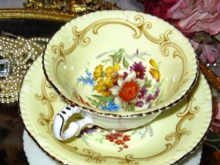 Paragon Yellow Teacup & Saucer Floral Center Fancy Footed Double Warrant
