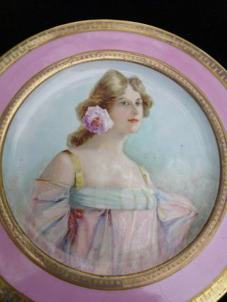 ANTIQUE LENOX HAND - PAINTED PORTRAIT PLATE LOVELY MAIDEN WEARING A ROSE IN HAIR 3