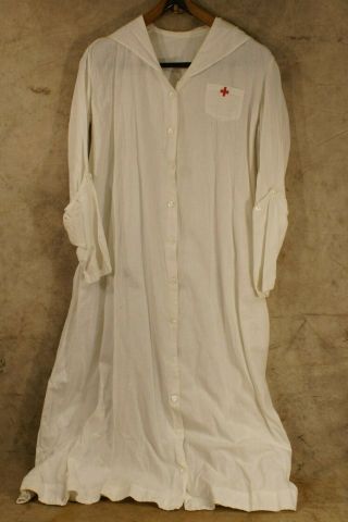 Antique Linen Red Cross Nurse Uniform Surgical Gown Pearl Buttons 1890 