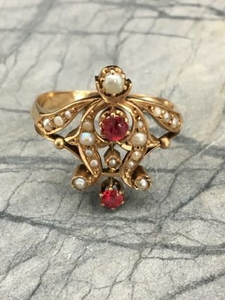 Antique Russian Art Nouveau 14k Gold Ruby Seed Pearl Ring Sz 7.  75 (250055)