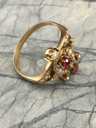 Antique Russian Art Nouveau 14k Gold Ruby Seed Pearl Ring Sz 7.  75 (250055) 2