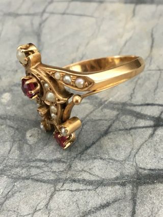 Antique Russian Art Nouveau 14k Gold Ruby Seed Pearl Ring Sz 7.  75 (250055) 3