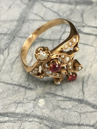 Antique Russian Art Nouveau 14k Gold Ruby Seed Pearl Ring Sz 7.  75 (250055) 6