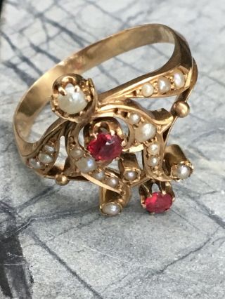 Antique Russian Art Nouveau 14k Gold Ruby Seed Pearl Ring Sz 7.  75 (250055) 7
