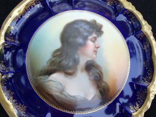 Exquisite Antique Rosenthal Hand - Painted Portrait Plate W/ Cobalt Gilt Border