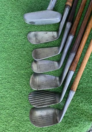 Fantastic Set of Antique hickory wood shaft Golf Clubs and Vintage Stovepipe Bag 7