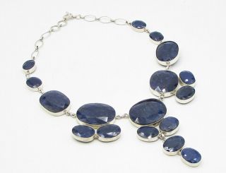 925 Sterling Silver - Bezel Set Faceted Sapphire Linked Collar Necklace - N1053