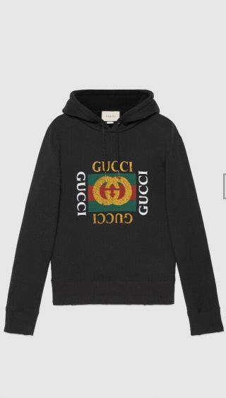 Gucci Black Distressed Sweatshirt Hoodie With Vintage Logo.  100 Authentic