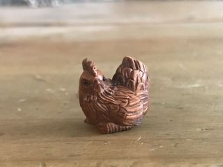 Finely Carved Japanese Boxwood Hen Chicken Netsuke,  Ojime Bead,  Signed 1 Inch