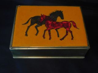 Antique Vintage German Brass Unique Horses Painted Inlay Glass Stone Box Case