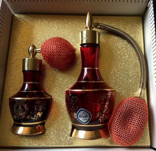 Vintage Mikado Ruby Red & Gold Atomizer Perfume Bottles Japan