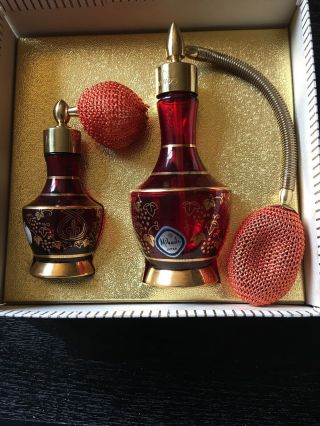Vintage Mikado Ruby Red & Gold Atomizer Perfume Bottles Japan 3
