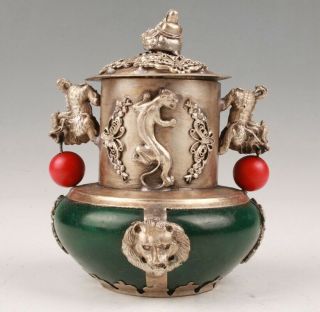 Rare Chinese Tibetan Silver Jade Hand - Carved Kirin Incense Burner Decorative