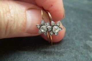 Lovely Antique Victorian Silver & 9ct Rose Gold Old Cut Paste Flower Earrings