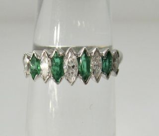 Great Vintage Platinum Marquise Cut Natural Emerald Diamond Band Ring