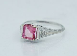 18k Art Deco Style Diamond Pink Tourmaline Ring Filigree Vintage 6.  5 White Gold