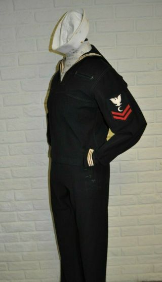 Vintage 3 - Piece 1940s Wwii Military Us Navy Uniform Shirt,  Pants & Hat Idd Small