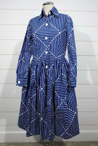 Marimekko Vintage Suomi Finland 42 14 Cotton 1/2 Button Blue & White Print Dress