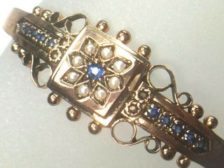 Gorgeous 9k Rose Gold Natural Sapphire Seed Pearl Filigree Bangle.  6.  5 ".  13.  1gm.