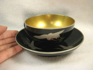 Antique Japanese Signed Wood And Lacquer Tea Cup & Saucer Crane Bird Tsuru