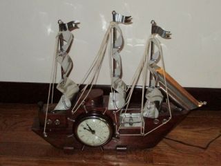 Vintage United Wooden Ship W Electric Clock & Night Lights Model 811