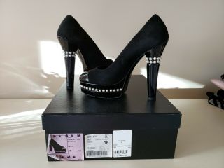 Chanel France Designer Vintage Pearl Shoes Pumps Black Suede 36