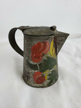 Small Antique Hand Painted Folk Art Tin Pitcher,  Ca.  1870s,  4 1/2 "