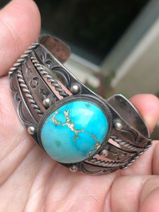 RARE 1930/40’s NAVAJO INDIAN SILVER & ROBINS EGG BLUE TURQUOISE CUFF BRACELET 3