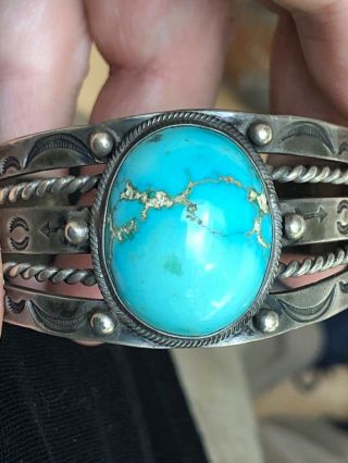 RARE 1930/40’s NAVAJO INDIAN SILVER & ROBINS EGG BLUE TURQUOISE CUFF BRACELET 4