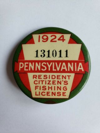 1924 Pa Pennsylvania Fishing License Resident Button Pin,  Paper License 2nd Year