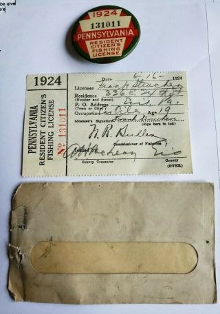 1924 Pa Pennsylvania Fishing License Resident Button Pin,  Paper license 2nd year 2
