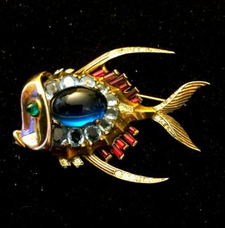 Jelly Belly Alfred Philippe Trifari Sterling Fish Pin Blue Stone Beauty