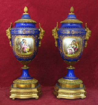 Antique French Porcelain & Ormolu Sevres Vases & Covers,  Painted Scenes
