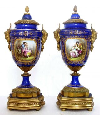 ANTIQUE FRENCH PORCELAIN & ORMOLU SEVRES VASES & COVERS,  PAINTED SCENES 2