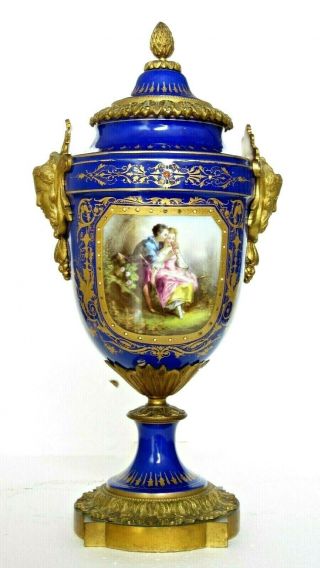 ANTIQUE FRENCH PORCELAIN & ORMOLU SEVRES VASES & COVERS,  PAINTED SCENES 4