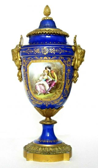 ANTIQUE FRENCH PORCELAIN & ORMOLU SEVRES VASES & COVERS,  PAINTED SCENES 5